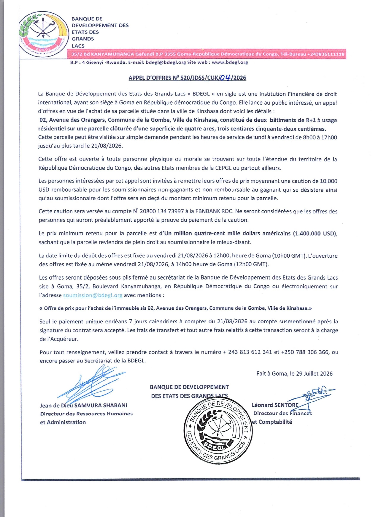 Avis d’appel d’offres n° 520/JDSS/CUK/04/2026